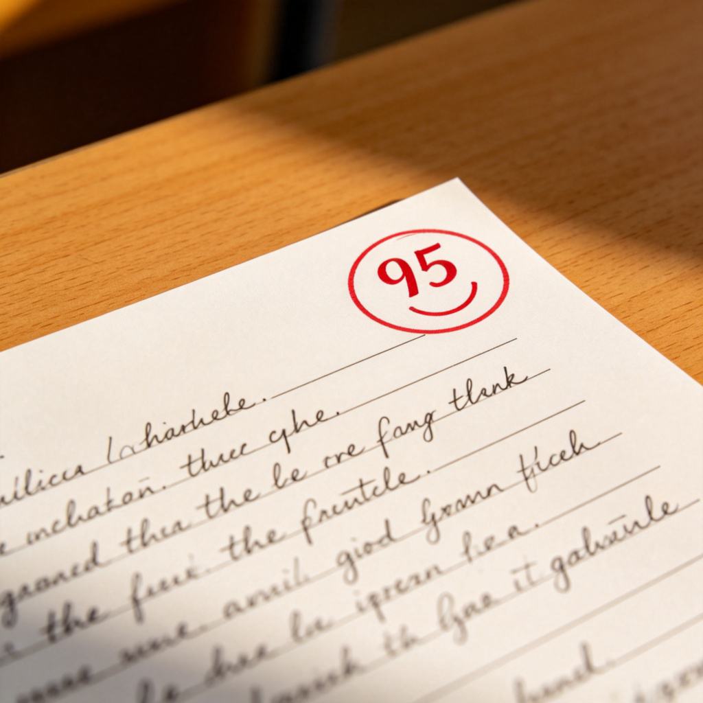 A close-up of a student's test paper on a desk. A large, red number ‘95’ is circled at the top right corner by a teacher's pen. A smiley face is drawn next to the score. The rest of the page shows neat handwriting. No text visible apart from the score.