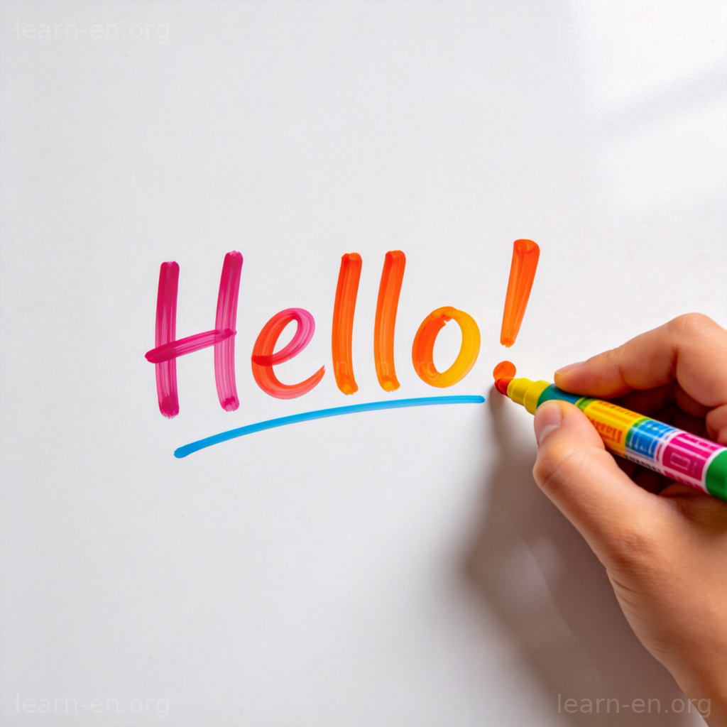 Hand holding colorful marker writing Hello on whiteboard illustration