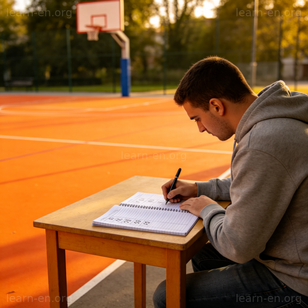 Person sitting beside basketball court recording scores on notepad as marker