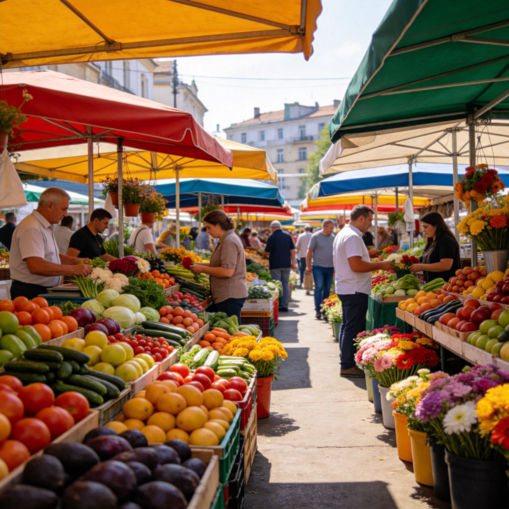 A bustling open-air market with colorful stalls selling fresh fruits, vegetables, and flowers under bright sunshine. Vendors are interacting with customers, and the scene is full of life. Wide-angle shot, realistic style, clear focus on the market activity. No text.