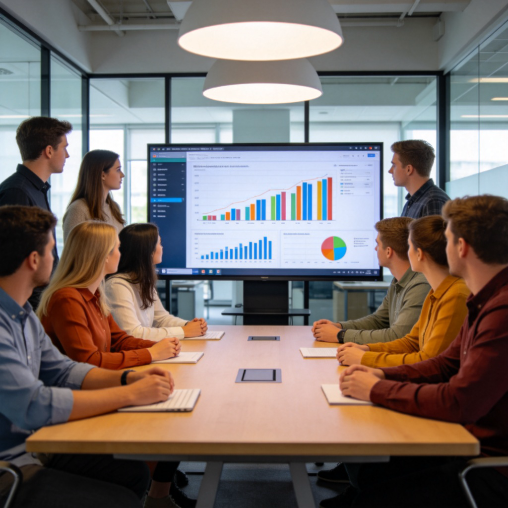A modern business meeting room, a diverse team of young professionals in casual attire are gathered around a table. They are looking at a large screen displaying charts and graphs labeled "Market Analysis" and "Target Audience". The atmosphere is focused and collaborative. Bright office lighting, realistic style. No text.