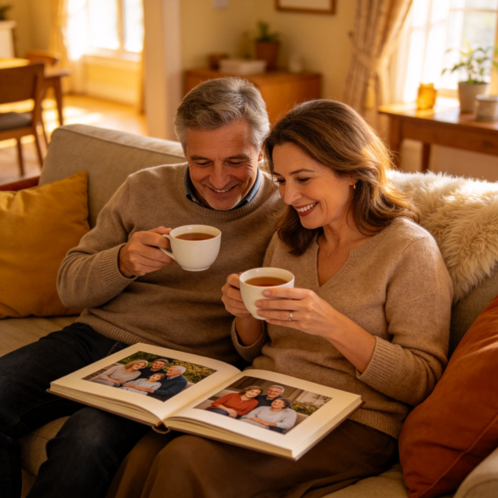 A happy middle-aged couple sitting together on a comfortable sofa in a cozy living room, sharing a cup of tea and smiling while looking at a family photo album. Warm indoor lighting, focus on their relaxed expressions and the intimate atmosphere. No text.