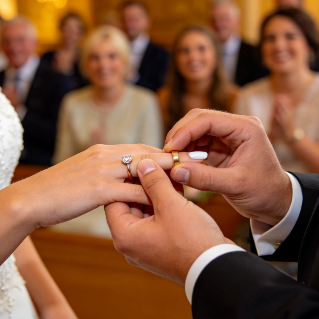 A close-up shot of a bride and groom's hands during a wedding ceremony, as they are placing wedding rings on each other's fingers. Soft, romantic lighting, blurred background of guests smiling. The focus is entirely on the symbolic act of exchanging rings. No text.