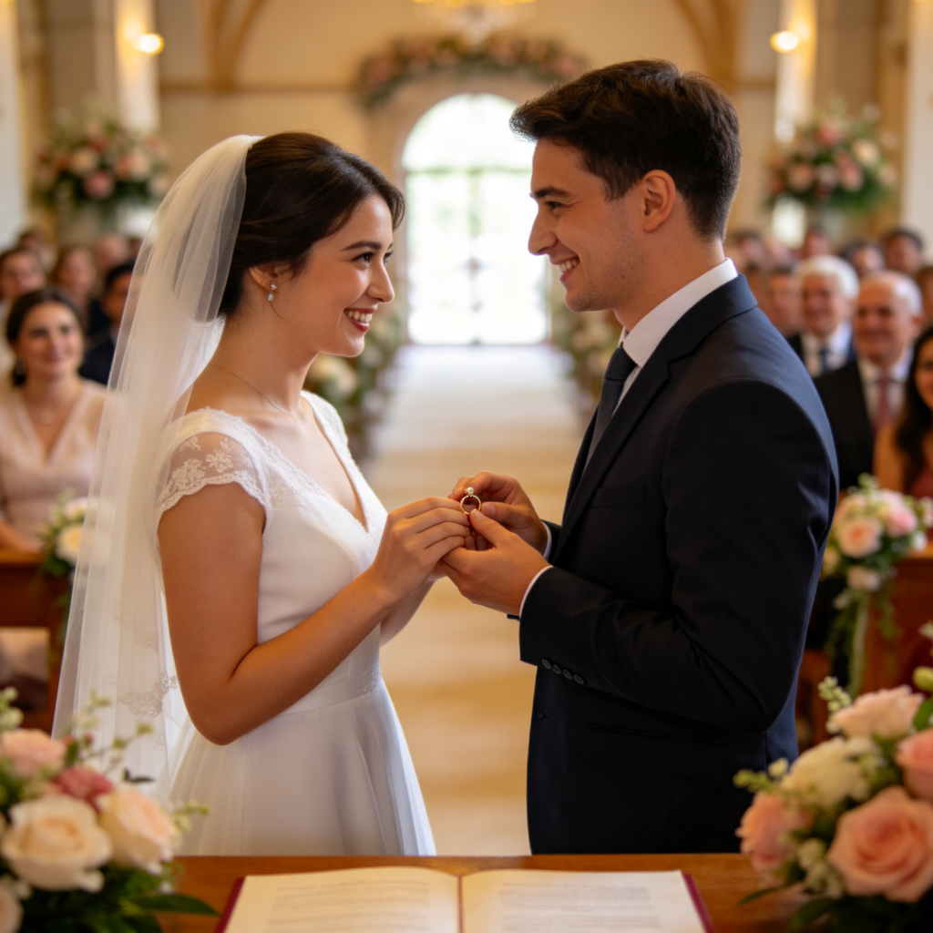 A happy couple standing at the front of a wedding venue, exchanging rings. The bride wears a white dress and veil, the groom is in a dark suit. They are smiling at each other, with blurred guests and flower decorations in the background. Soft, warm lighting, focus on their hands and joyful faces. No text.