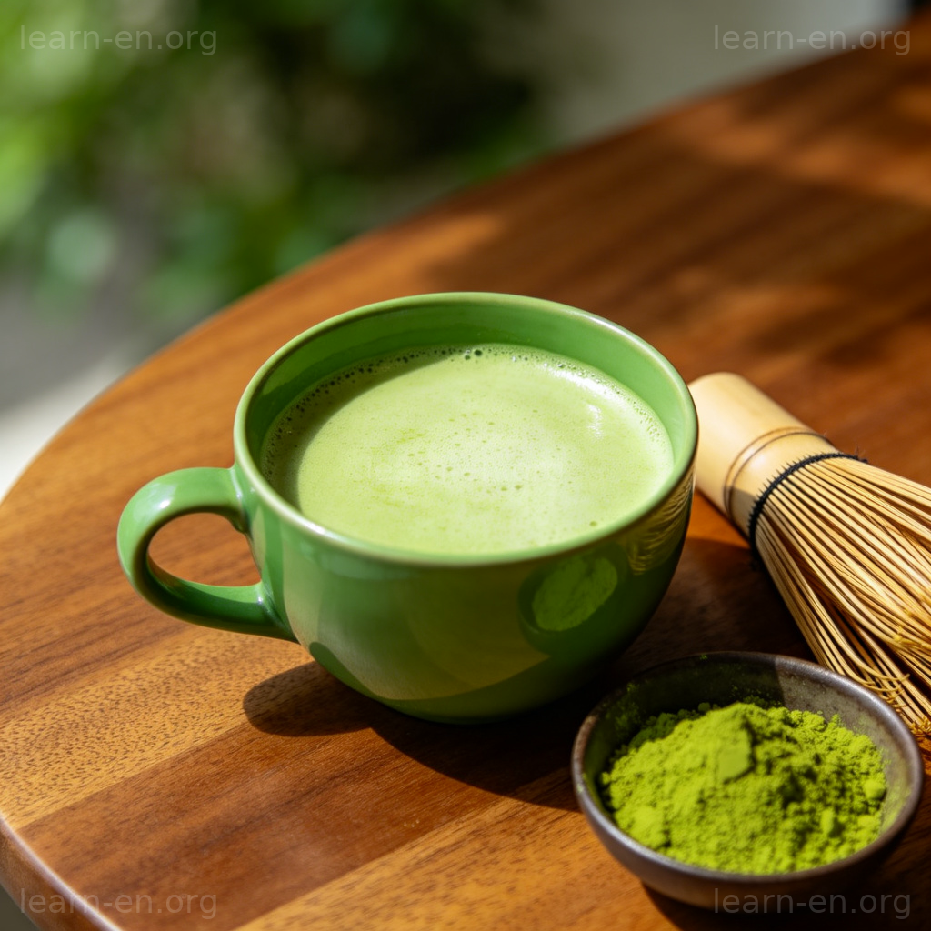 Matcha 抹茶图解：木桌上抹茶拿铁、抹茶粉与茶筅场景