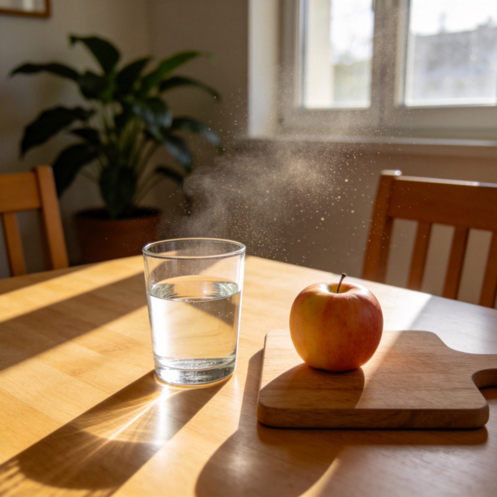 A clean, well-lit dining table top with a variety of everyday objects. In the center is a clear glass of water (liquid), next to a wooden cutting board with an apple on it (solid). In the background, a house plant is visible, and sunlight streams through a window, illuminating dust particles in the air (gas). The focus is on the objects, showcasing different states of matter in a familiar home setting.