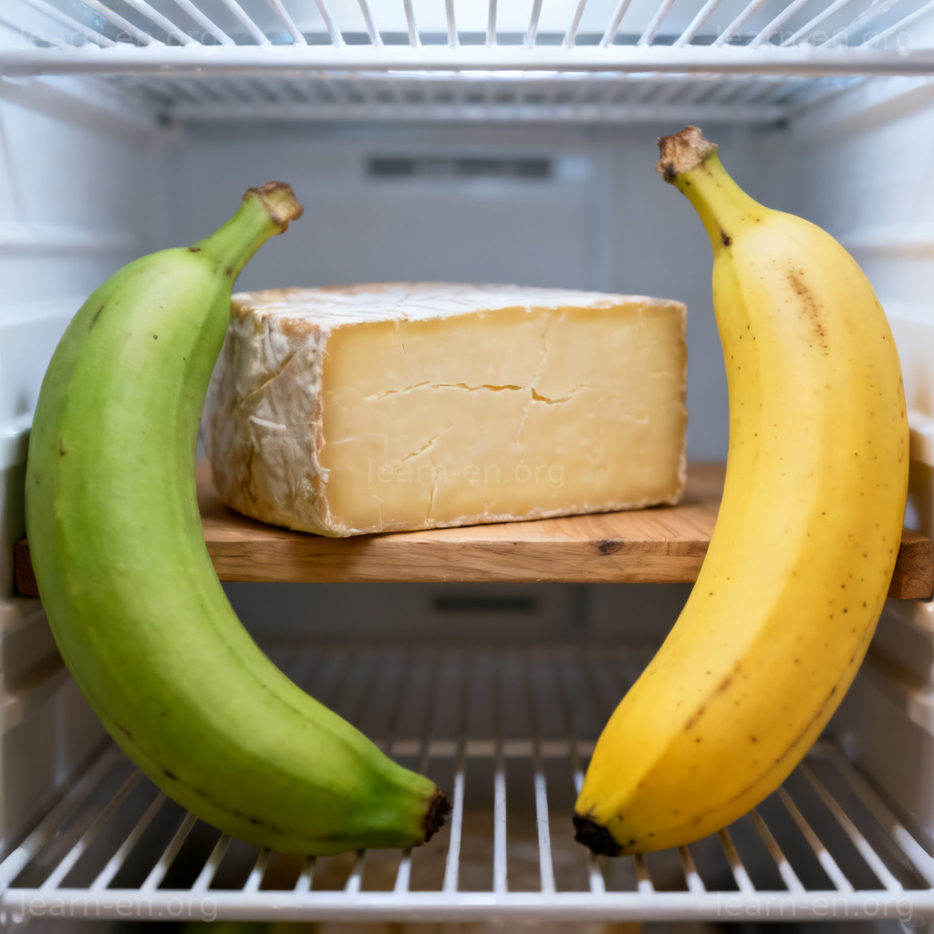 Maturity visual definition: comparing a green and ripe banana with aging cheese.