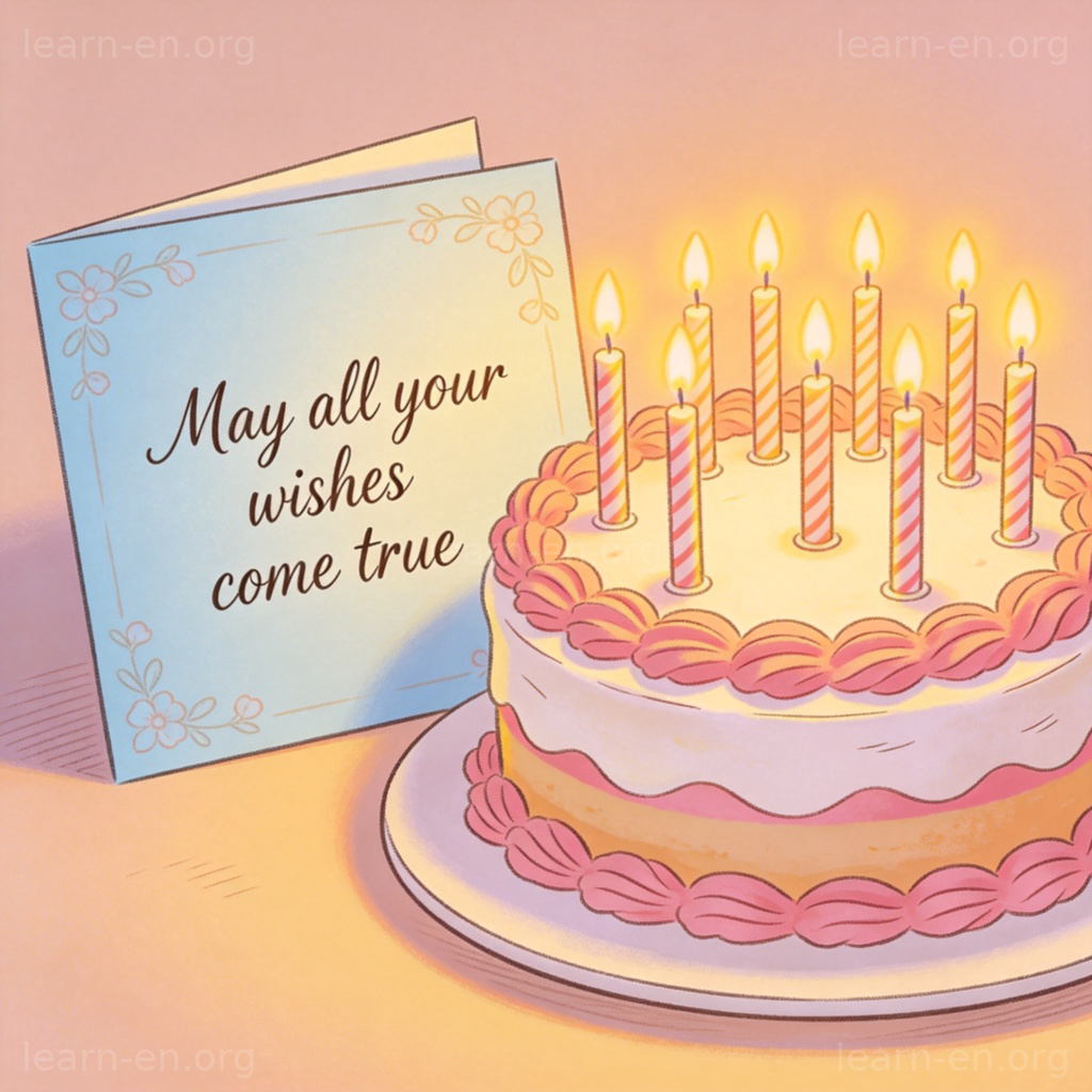May all your wishes come true 祝福语图解：生日贺卡与蛋糕场景