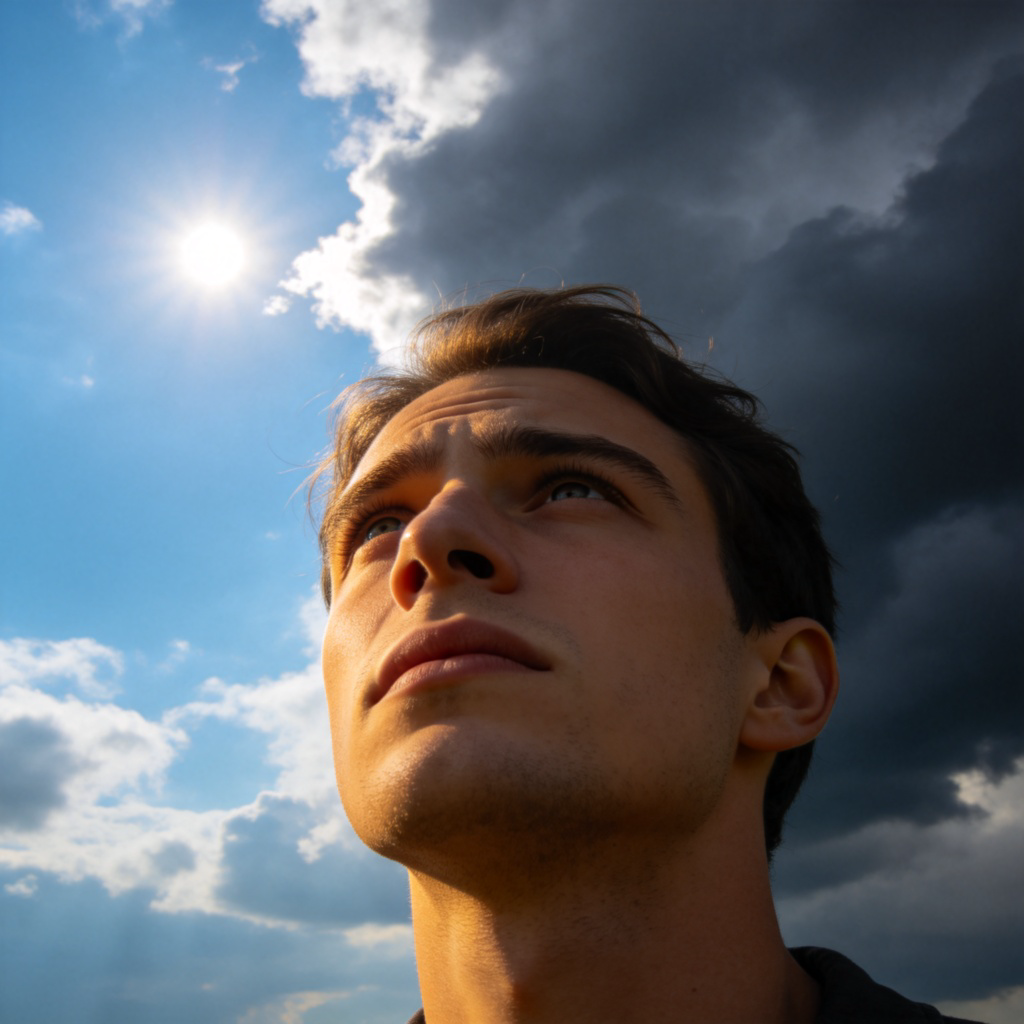 A person looking up at a partly cloudy sky, with one side showing blue sky and sun, the other side showing dark clouds. The person has an unsure or thoughtful expression. Realistic style, natural lighting, focus on the person's face and the contrasting sky. No text.