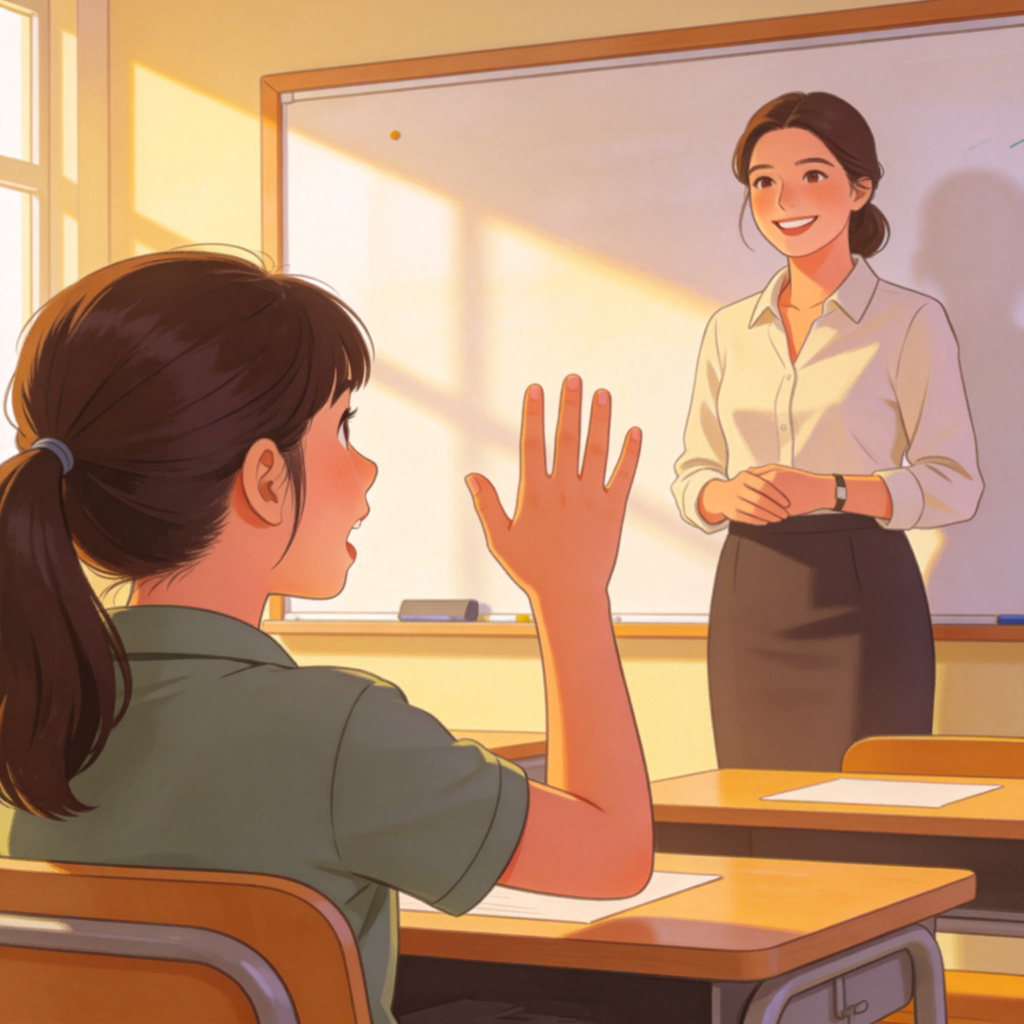 A student with her hand raised in a classroom, facing a teacher who is standing by the whiteboard and smiling. The student's mouth is slightly open as if speaking. Bright, well-lit classroom setting. Realistic illustration, focus on the polite interaction between student and teacher. No text.
