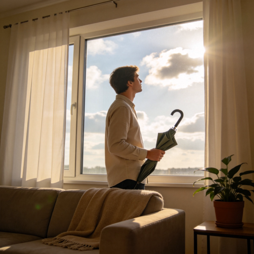 A person standing by a window, looking out at a sky with both clouds and sun patches. They are holding a folded umbrella in their hand, looking thoughtful and indecisive. The scene is in a bright, everyday living room setting. The focus is on the person's expression and the ambiguous weather outside. No text.