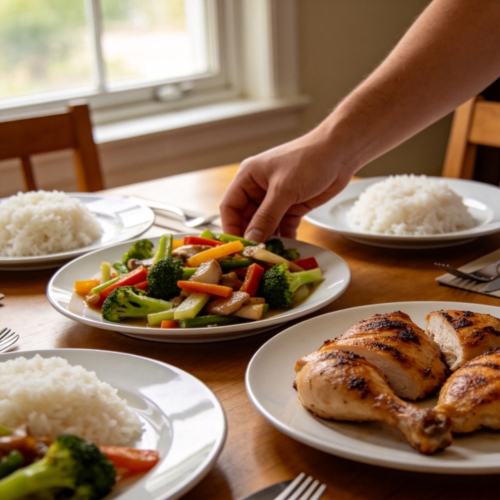 A close-up, realistic photo of a dining table set for a family meal. On the table, there are plates with steamed rice, stir-fried vegetables, and grilled chicken. A hand is reaching in to serve food. Warm, natural lighting from a window, soft focus on the food. No people's faces shown, no text or logos.
