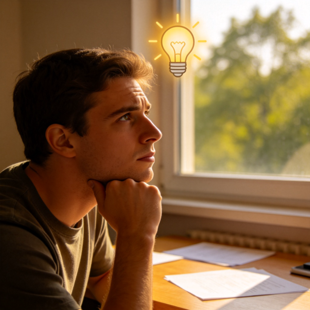 A thoughtful person sitting at a desk, chin resting on hand, looking out of a window. A light bulb icon appears above their head. Soft daylight, calm atmosphere. Focus on the person's contemplative expression.