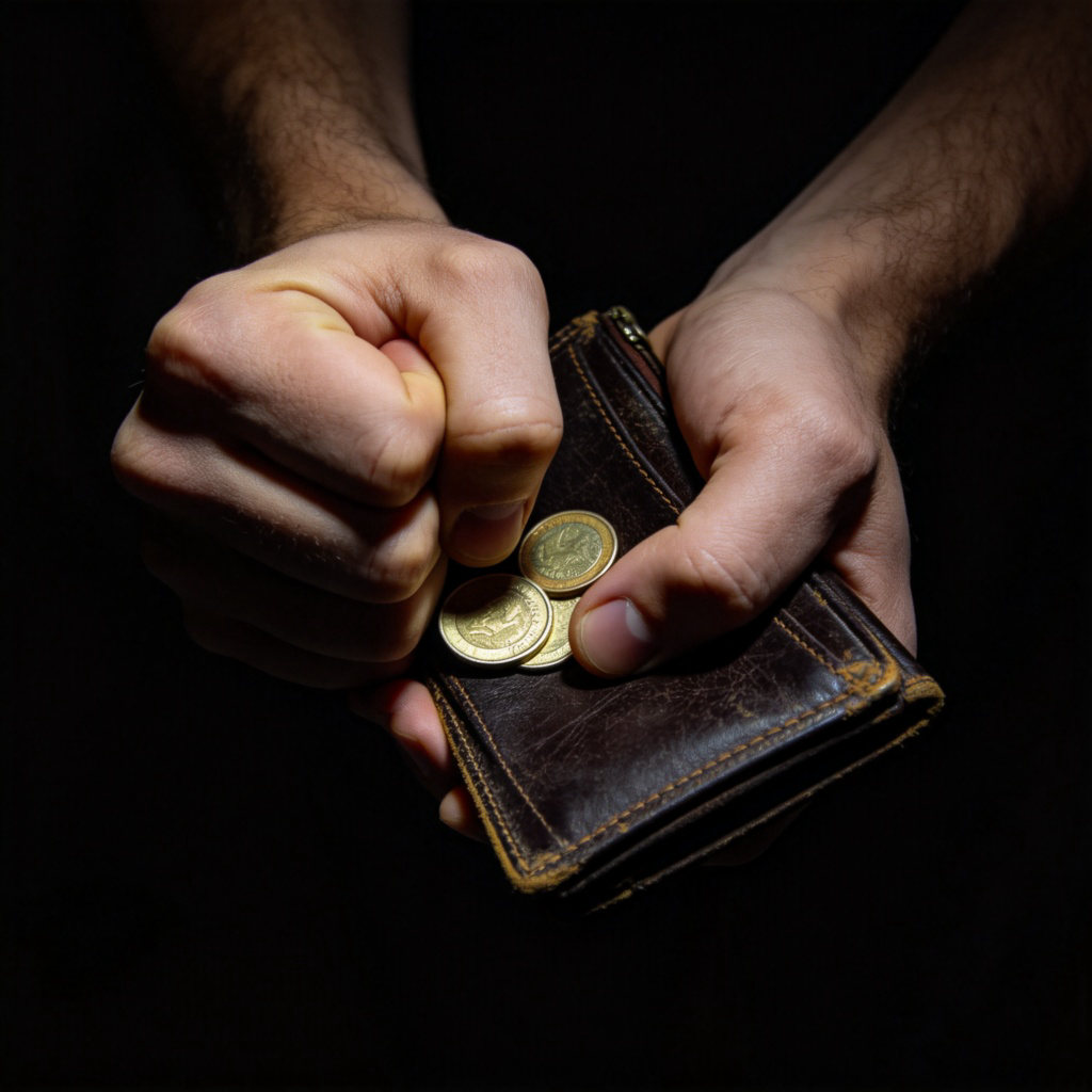 A close-up shot of a person's hands tightly clutching a few coins and a worn-out leather wallet. The background is plain and dark, emphasizing the clenched fists. The lighting is dim, creating a feeling of reluctance to let go.