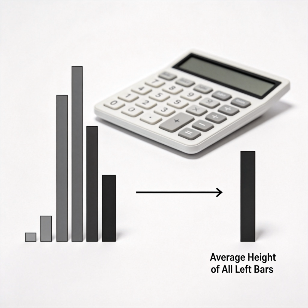 A clear, infographic-style image. Several different-sized bars (representing numbers) are on the left. An equal sign points to a single bar on the right, which is the average height of all left bars. A simple calculator is in the background. Clean, white background.