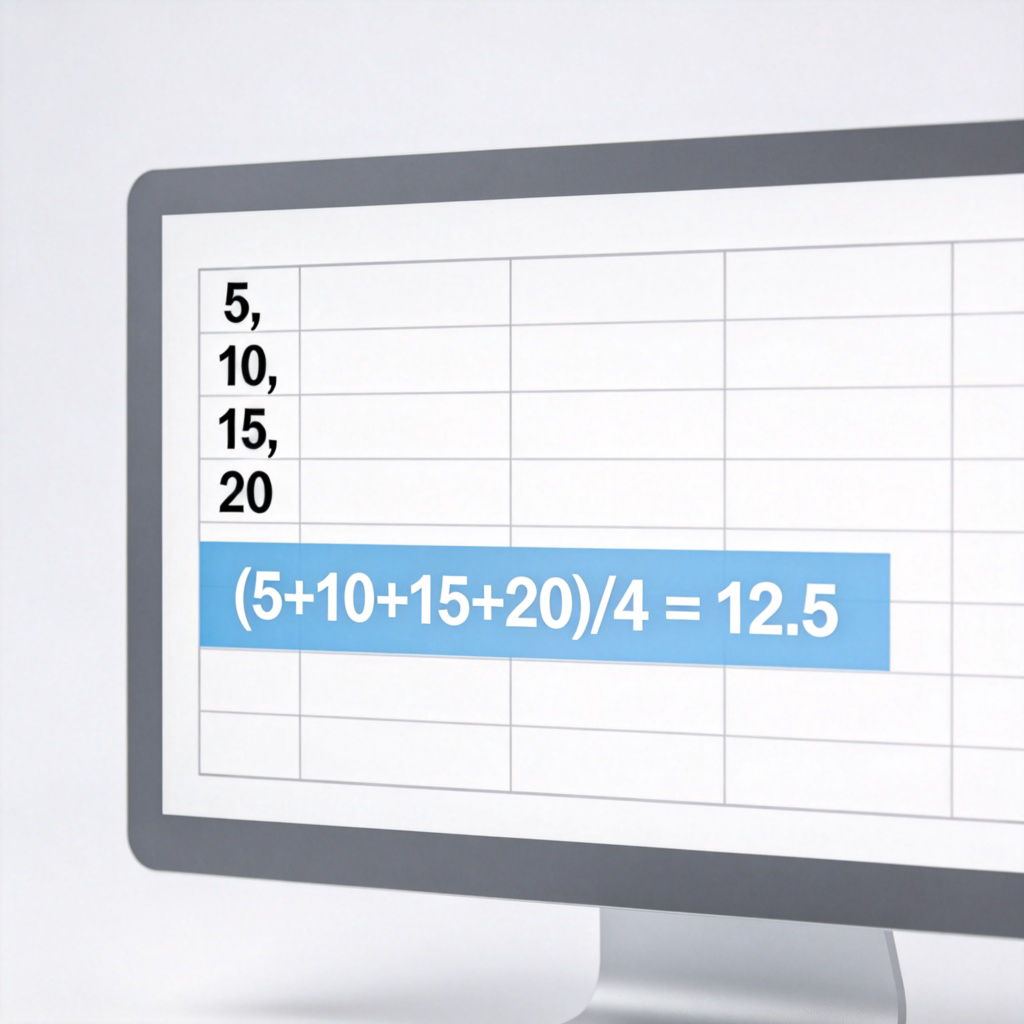 A simple spreadsheet or data chart on a computer screen, showing a column of numbers (e.g., 5, 10, 15, 20). A highlighted box below the column clearly shows the calculation: (5+10+15+20)/4 = 12.5. Clean, digital aesthetic.