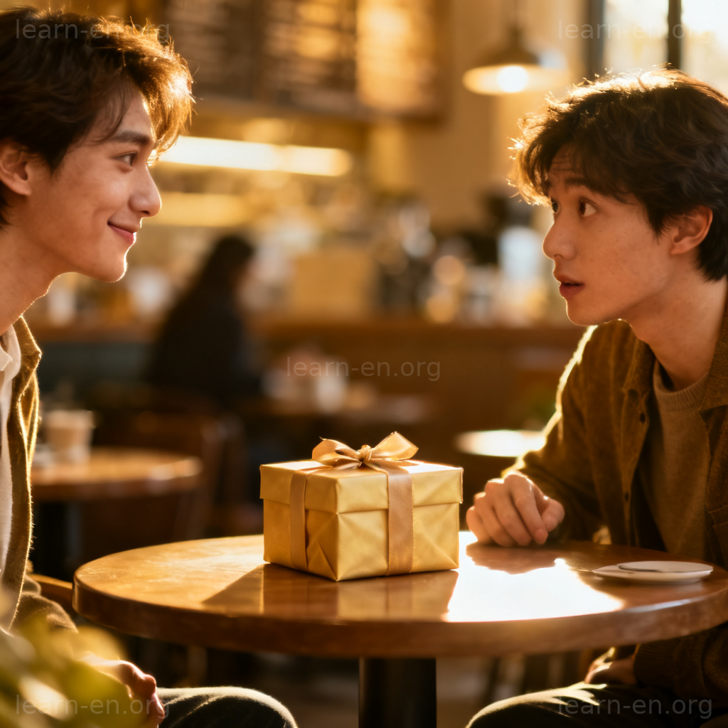 Meaningful glance between two people at a cafe with a gift box