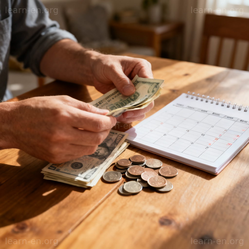 Means as financial resources: hands counting money on wooden table with budget planner
