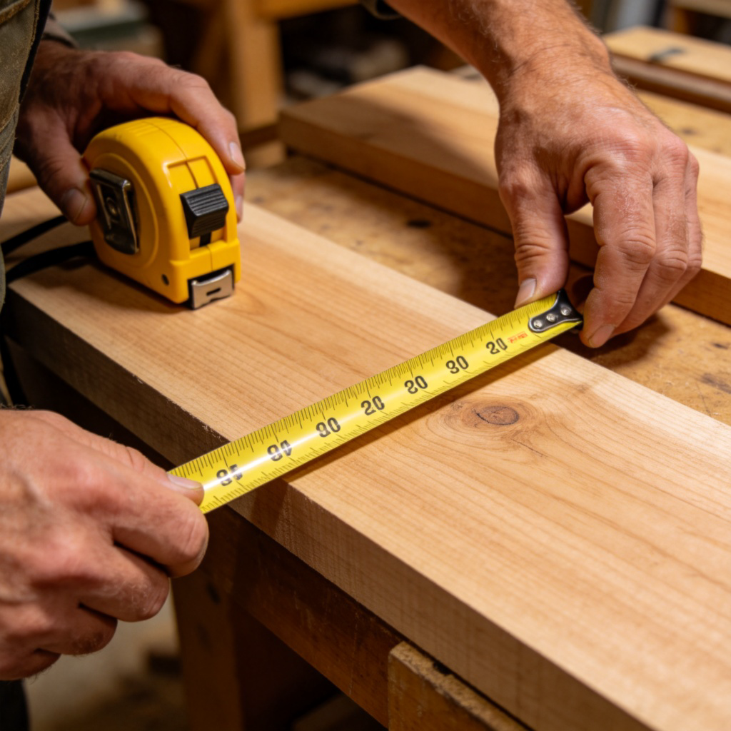 A close-up of a carpenter's hands using a yellow tape measure to check the length of a piece of light brown wood in a workshop. The tape measure is extended, showing clear numbers. Focus is on the hands, tape measure, and wood. Warm workshop lighting, realistic style. No text.