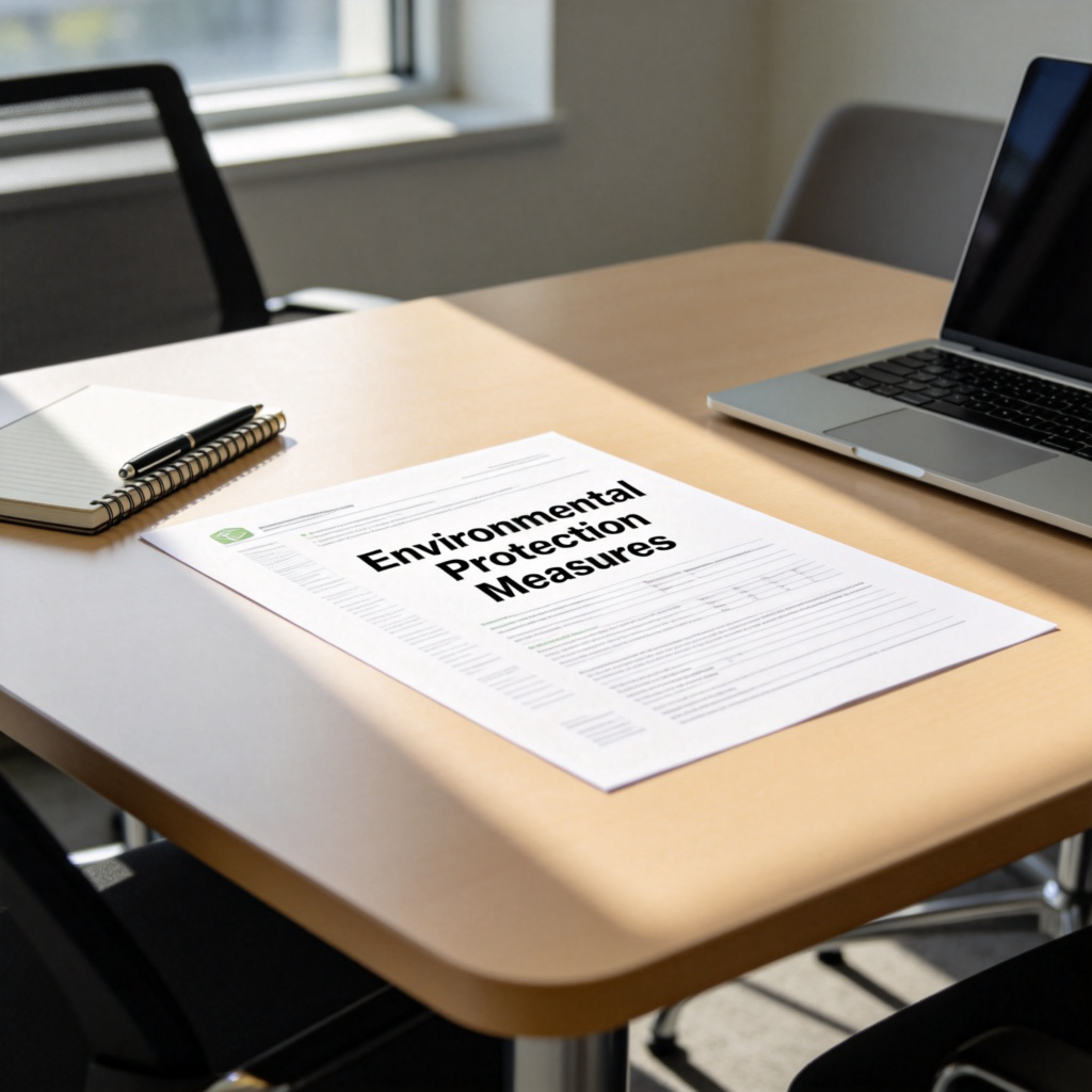 A clean, modern office meeting table with a document titled 'Environmental Protection Measures' in the center. Around it are a notebook, a pen, and a laptop. The setting suggests planning and decision-making. Natural light from a window, realistic office environment. No text on the document is readable.