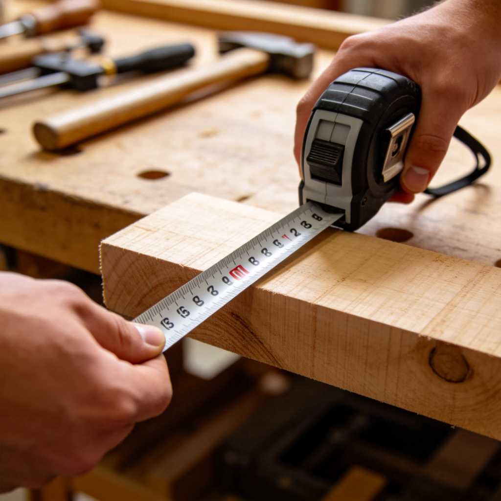 A close-up of a person's hand holding a measuring tape against a piece of wood in a workshop. The tape is pulled out, showing clear centimeter markings. The background is a wooden workbench with tools, but the focus is on the act of measuring. Sharp focus, natural lighting. No text.