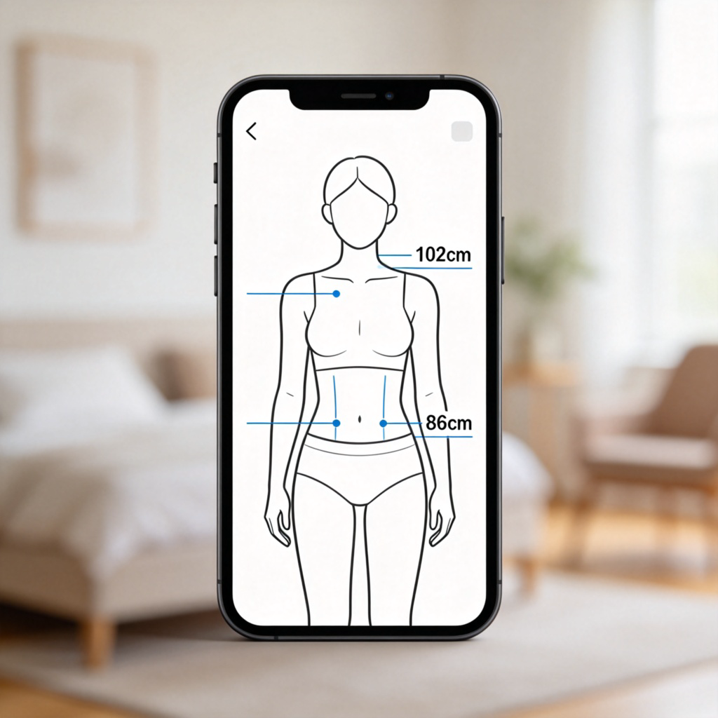 A smartphone screen displaying a body measurement chart app. The screen shows a digital drawing of a person with lines pointing to chest (102cm) and waist (86cm) areas. The app interface is clean and modern, clearly showing numerical measurements. The background is a soft, blurred room. No text on the image besides the app UI.
