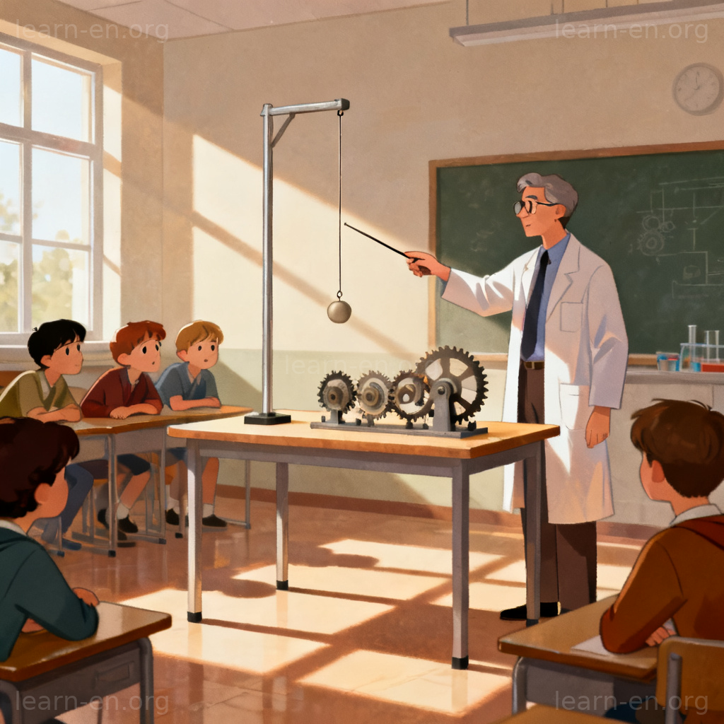 Mechanical physics concept demonstrated with a swinging pendulum and gears in a classroom.