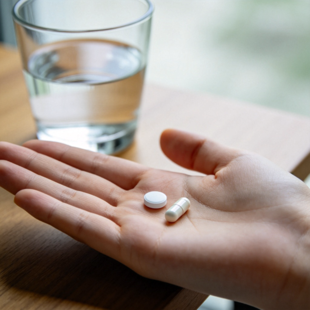 A simple, clear image of a small white tablet and a capsule resting on the palm of an adult's hand. In the background, a glass of water sits on a wooden table. Daylight, clean and simple composition, focus on the medicine and hand. No text or labels.