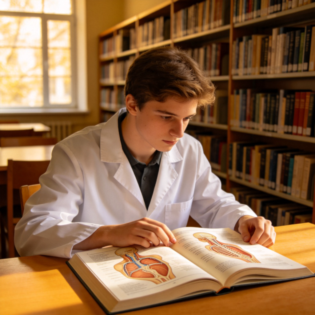 A young medical student in a white lab coat, looking attentively at an anatomy textbook in a library. Bookshelves with science books are visible in the background. Natural light from a window, realistic style. No text.
