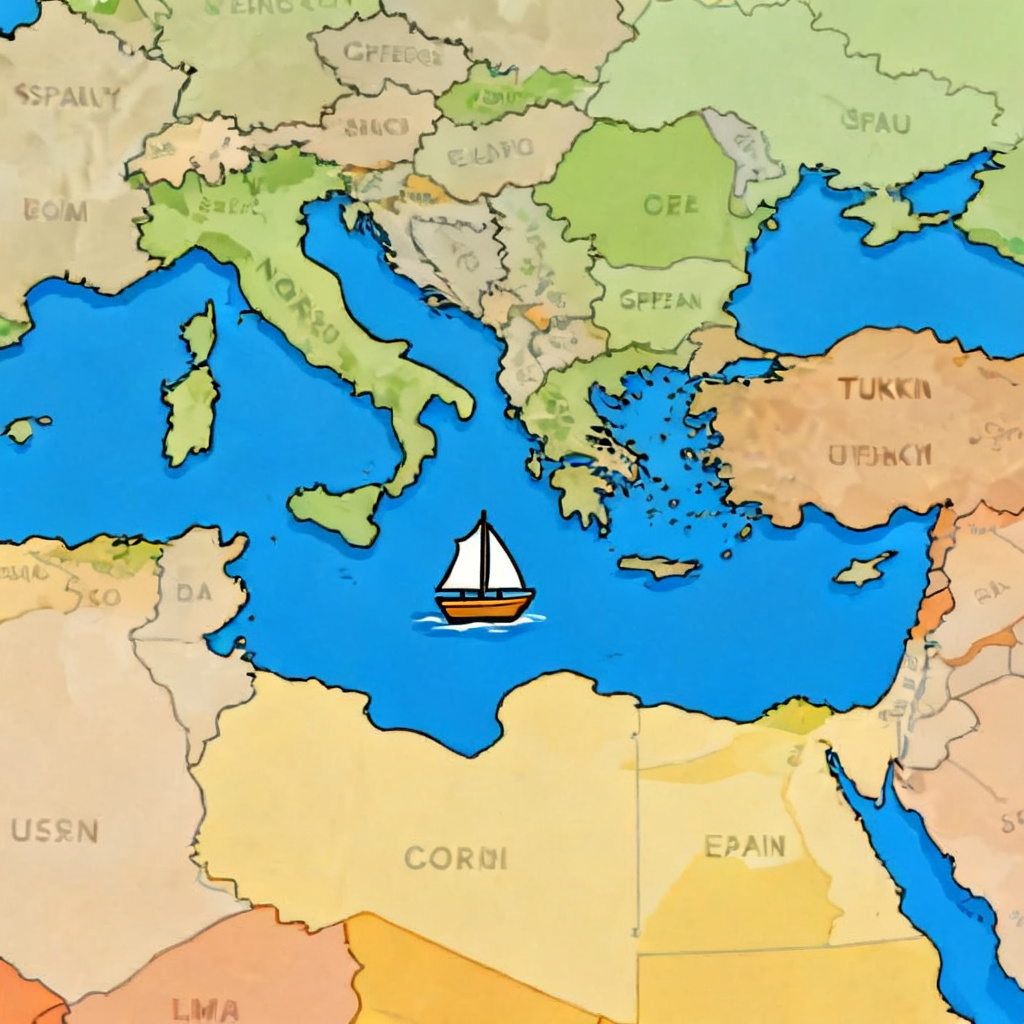 A detailed, colorful map focusing on Europe and North Africa. The Mediterranean Sea is a vivid blue color at the center, clearly labeled and surrounded by countries like Italy, Greece, Spain, Turkey, and Egypt. A small sailing ship icon is in the middle of the sea. Simple, educational map style. No text.