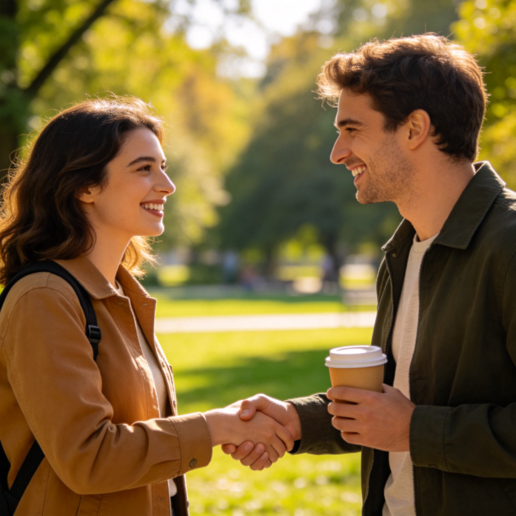 Two people smiling and shaking hands in a friendly manner in a sunny park. One person is holding a coffee cup. They are looking at each other, showing a casual social interaction. Clear, realistic style with a slightly blurred green background to focus on the people. No text.