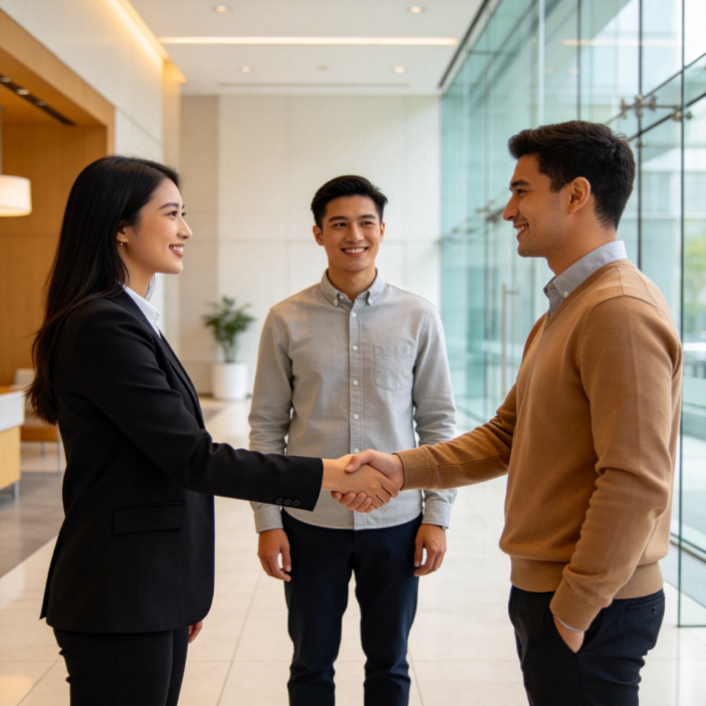 A professional business setting where one person is formally introducing two other people who are shaking hands for the first time. All are dressed in business casual attire, smiling politely. The background is a modern office lobby. Sharp focus, natural lighting. No text.