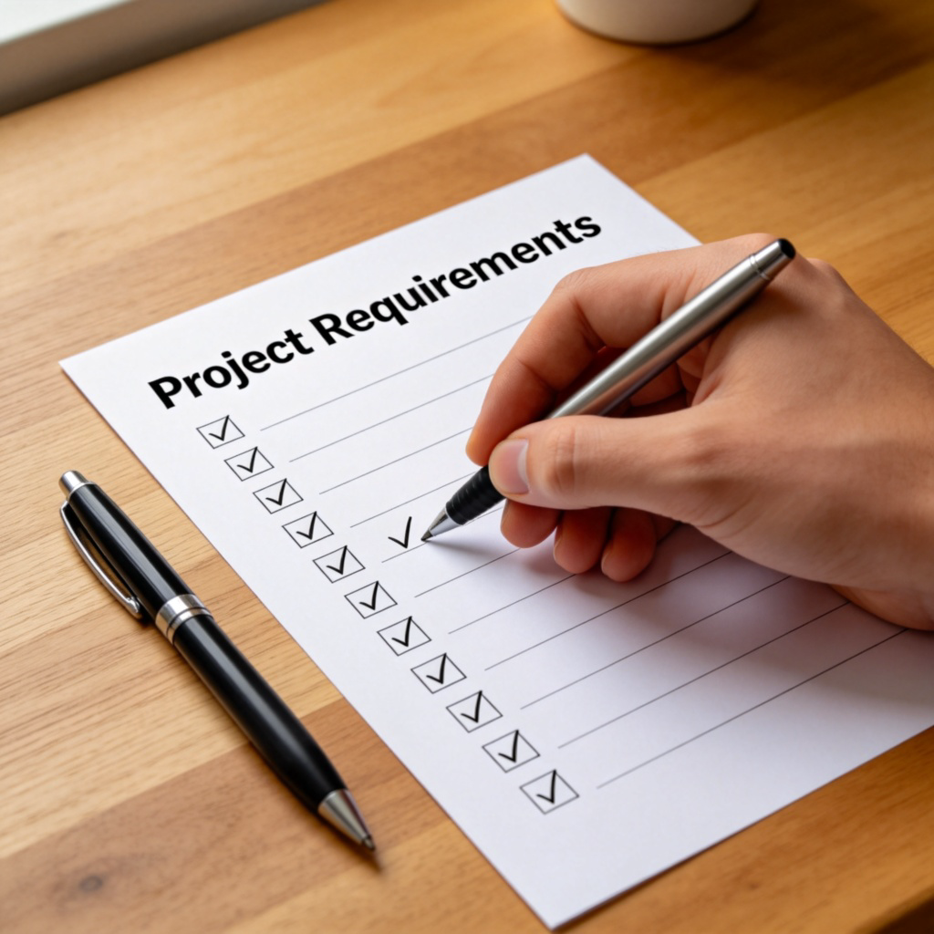 A close-up of a hand placing a checkmark on a checklist titled "Project Requirements". All items on the list have checkmarks next to them. The paper is on a wooden desk with a pen beside it. Clean, well-lit, realistic style. No text visible on the checklist except the title.