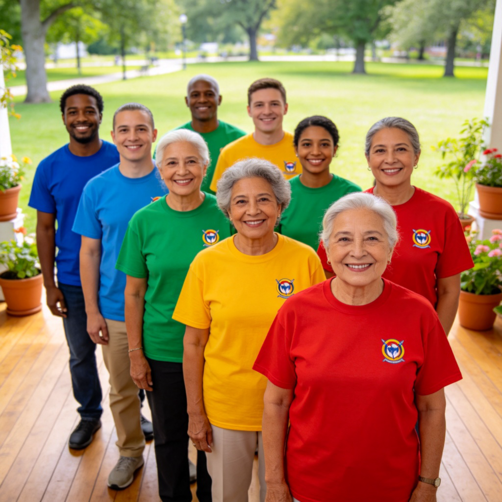 A group of diverse, happy people of different ages, standing together in a line. They are all wearing the same style of t-shirt but in different colors, with a small, identical team logo printed on the chest. They are in a community center or a park, smiling at the camera. The focus is on their unity and shared identity as part of a group. No text on any clothing.