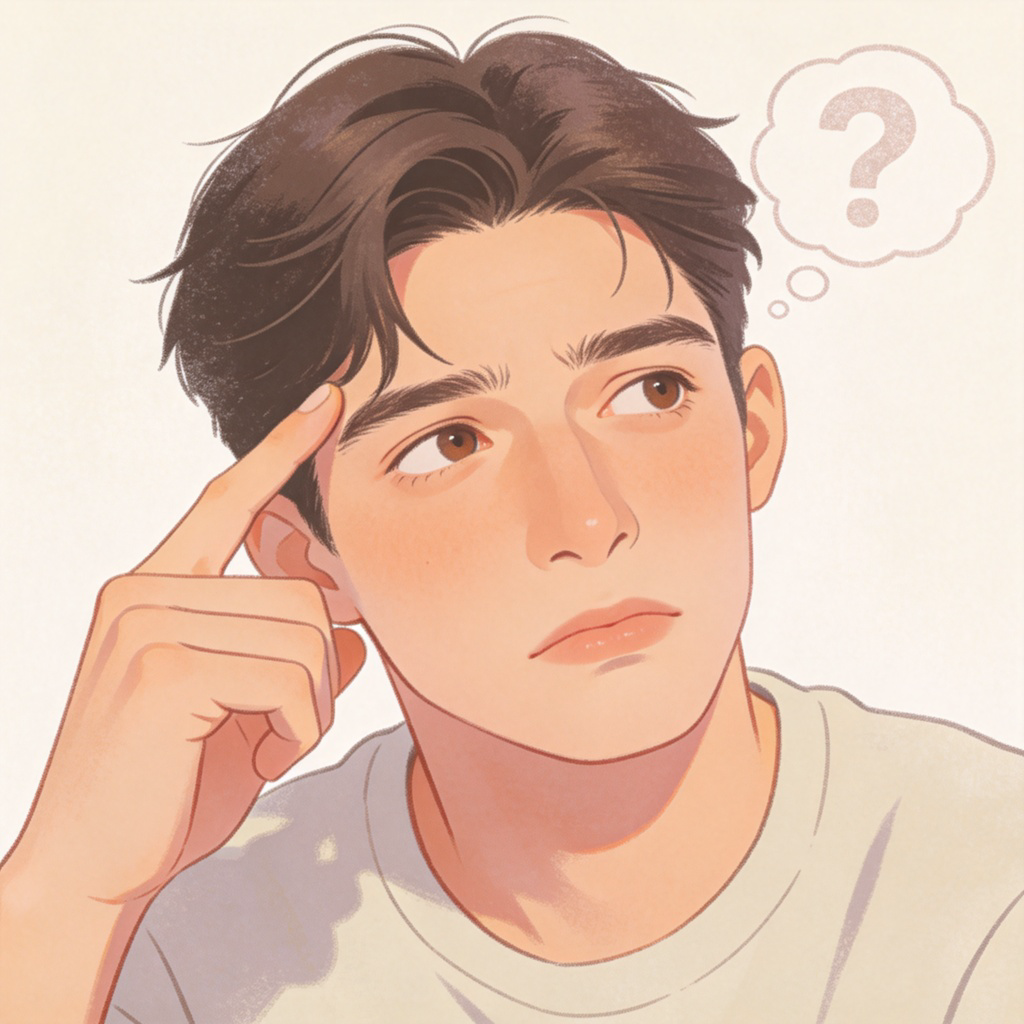 A person, looking confused and thoughtful, tapping their temple with a finger, as if trying to remember something. A simple, faded question mark appears in a thought bubble above their head. Clean, soft-focus background. No text.