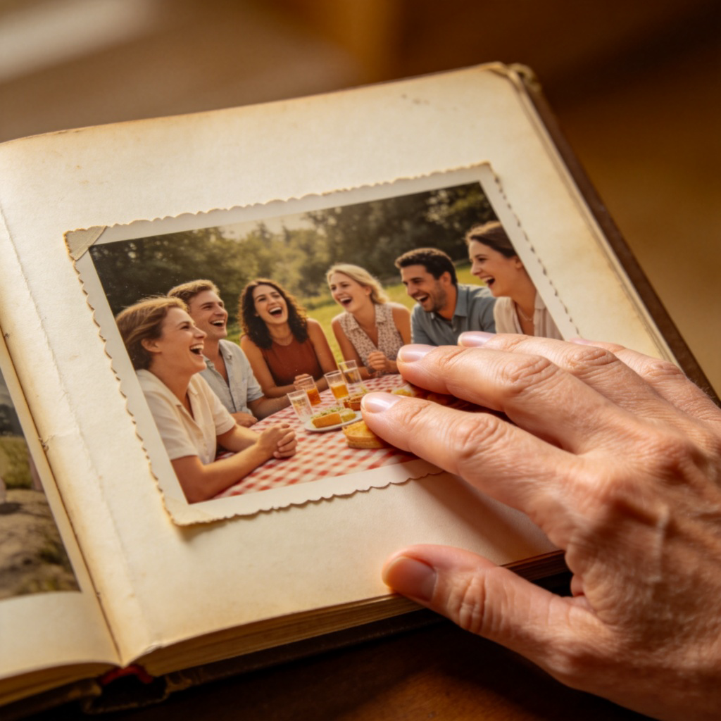 A close-up shot of an open, old-fashioned photo album. A person's hand is gently touching a faded color photo showing people laughing at a picnic. The background is slightly blurred, focusing on the photo and the hand. Warm, nostalgic lighting. No text.