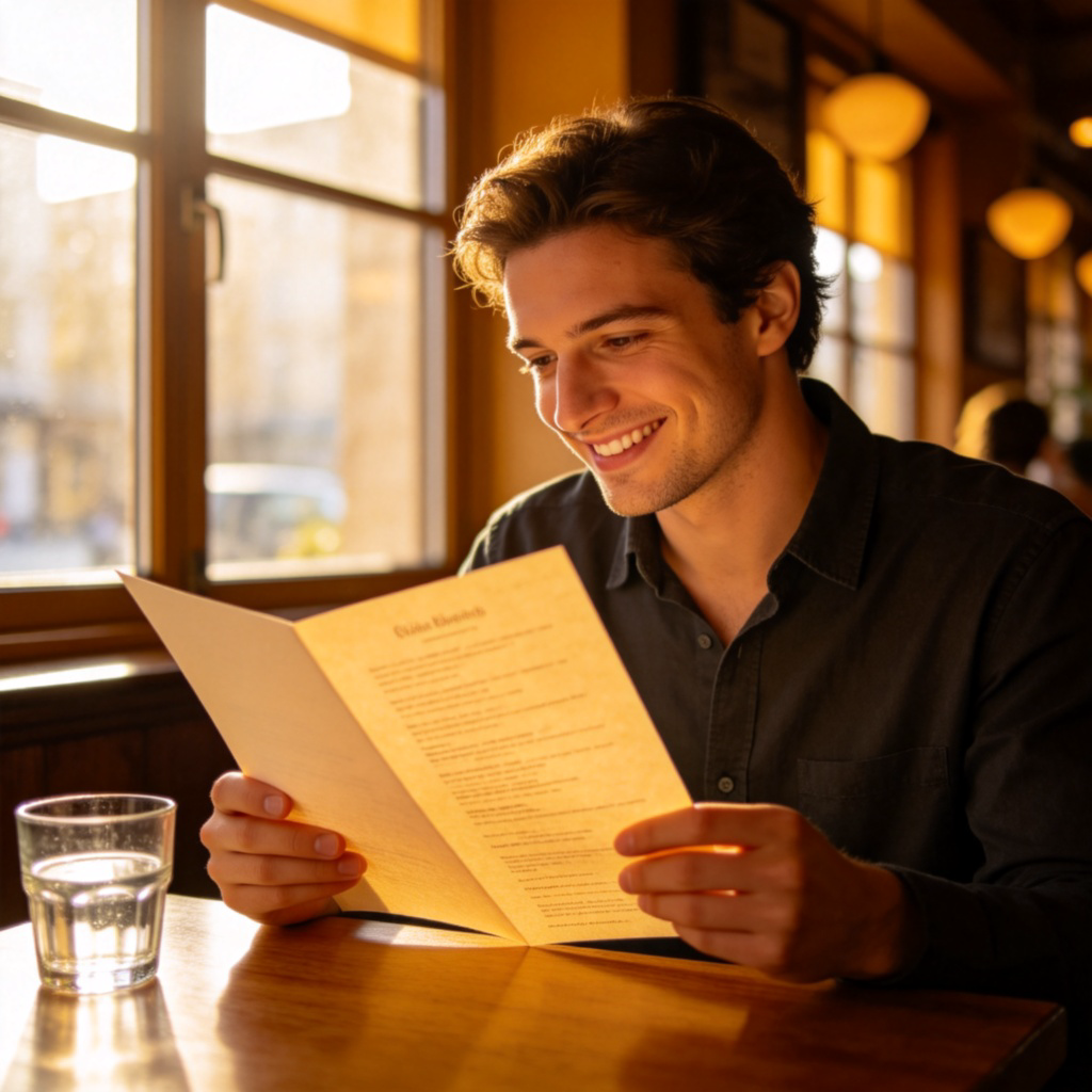 A person sitting at a cozy restaurant table, holding a single-page paper menu open in their hands. They are smiling and looking at the menu thoughtfully. On the table, there is a glass of water. The background is softly blurred, focusing on the person and the menu. Natural lighting from a window. No text on the image.
