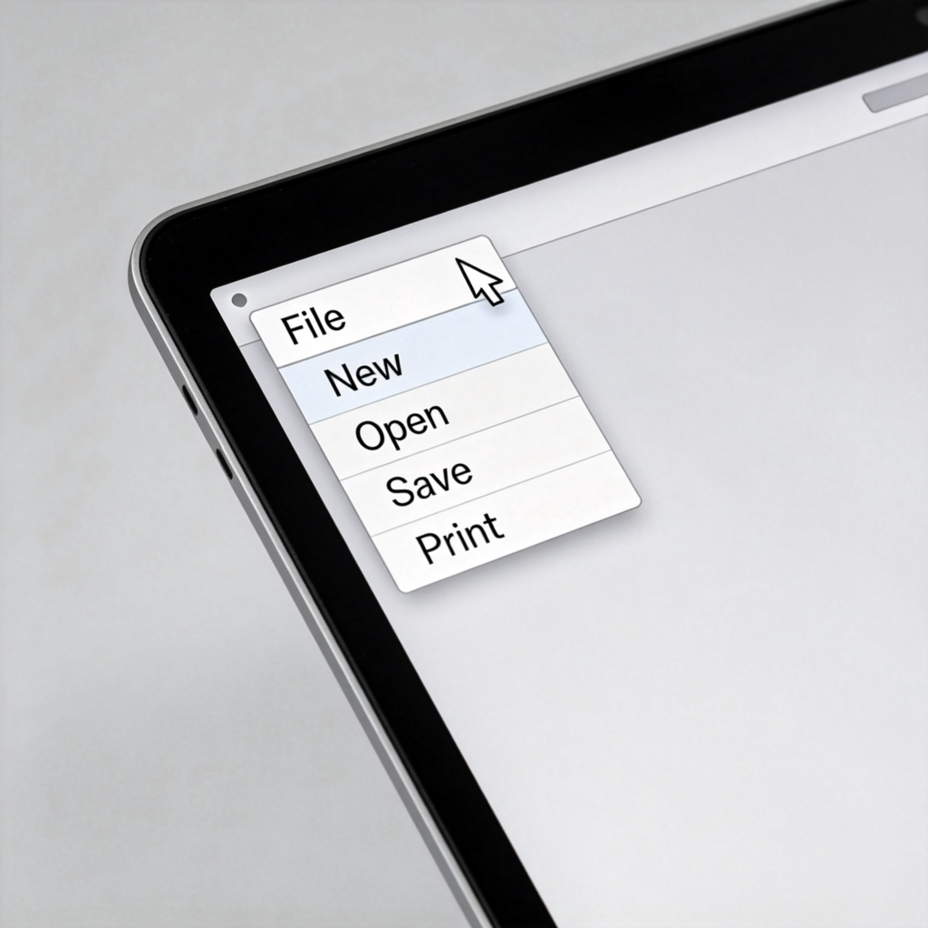 A close-up view of a laptop screen showing a simple software interface. The cursor is clicking on a tab labeled 'File' at the top, causing a clear drop-down menu to appear below it. The menu lists options like 'New', 'Open', 'Save', and 'Print'. The background is a plain light gray desktop. Clean and modern digital aesthetic. No text except the menu labels.