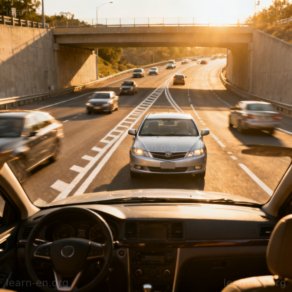 Visual guide to merging in traffic, showing a car joining a highway from an entrance ramp.