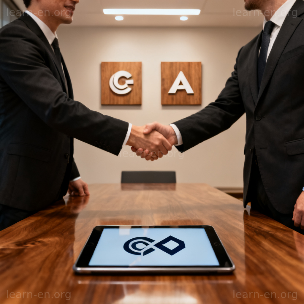 Business merge concept showing a handshake and the combination of two company logos into one.