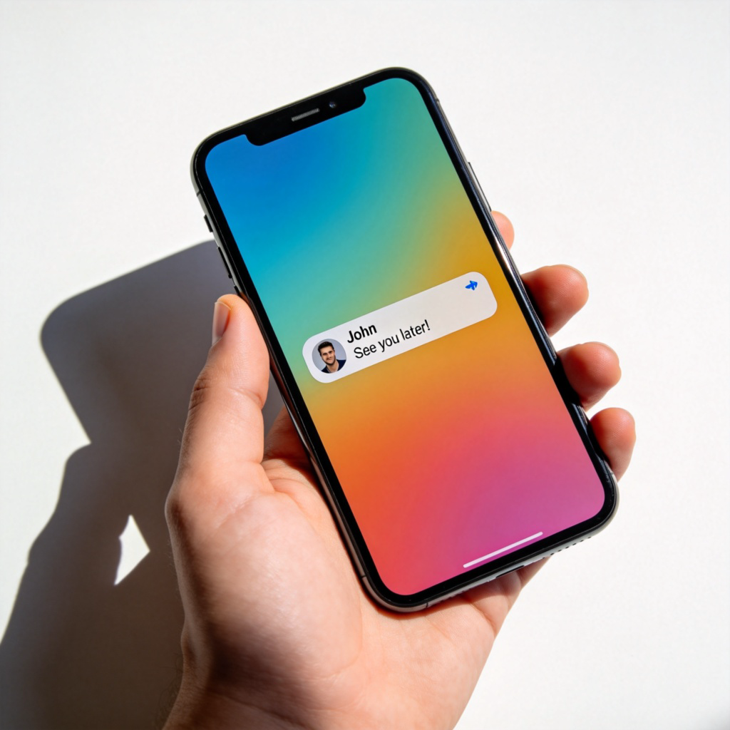 A close-up of a modern smartphone screen showing a new text message notification bubble with a sender's name and a short preview like "See you later!". The phone is held casually in a person's hand against a plain background. Bright, clear lighting. No text or logos on the screen besides the notification.