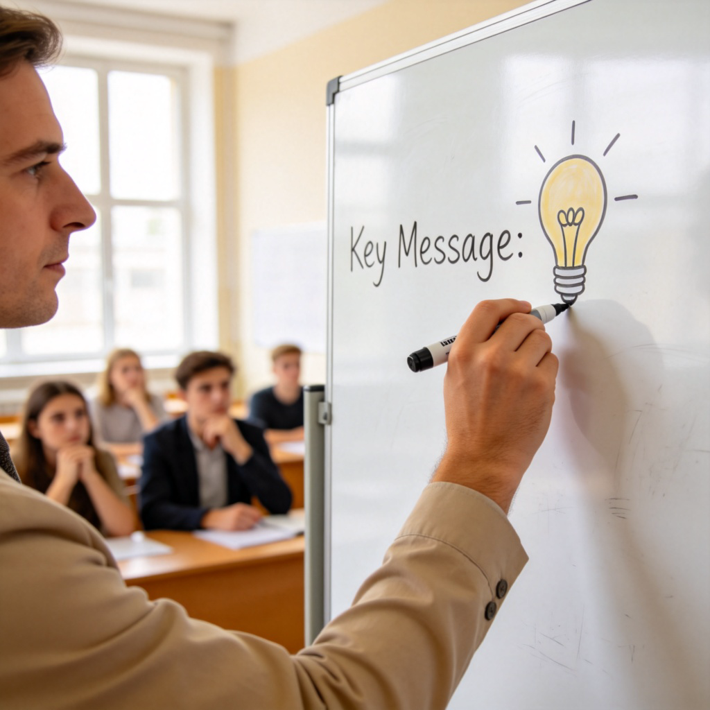 A teacher standing at a whiteboard, writing the words "Key Message:" and drawing a lightbulb symbol next to it. A few students are in the background, listening thoughtfully. The classroom is bright and tidy. The focus is on the teacher's hand and the board. No readable text except "Key Message:".