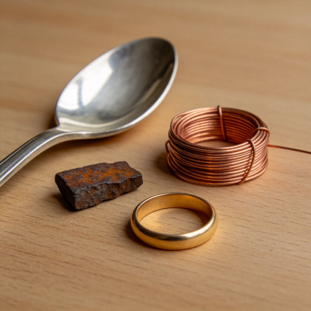 A clear, close-up photograph showing a collection of common metal objects: a shiny silver spoon, a copper wire coil, a small piece of rusty iron, and a gold-colored ring, all placed on a plain wooden table. The lighting highlights their different textures and shiny surfaces. No text or logos.