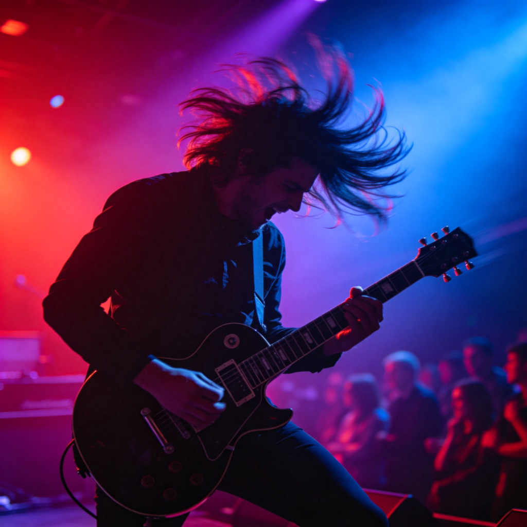 A dynamic side-view of a rock musician on stage, wearing dark clothes, playing an electric guitar with energetic movements. The stage has dramatic colored lighting, and the musician's hair is flying. The focus is on the action and emotion of the performance, with a slightly blurred audience in the background. No visible text.