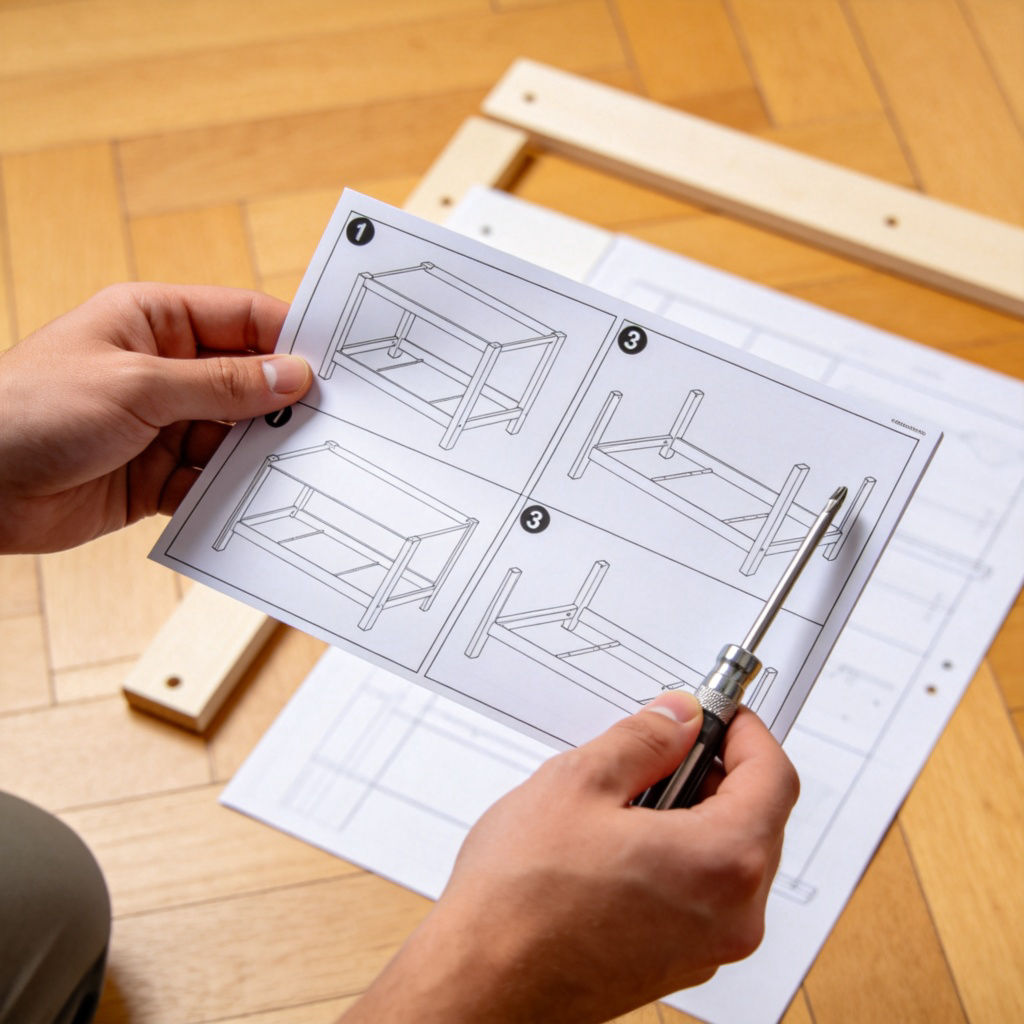 A clear, step-by-step instruction manual for assembling a piece of flat-pack furniture, laid out on a wooden floor. Each step is shown with simple line drawings and numbers. The person's hands are holding the manual and a screwdriver, ready to follow step 3. Bright, natural lighting, focus on the manual. No text.