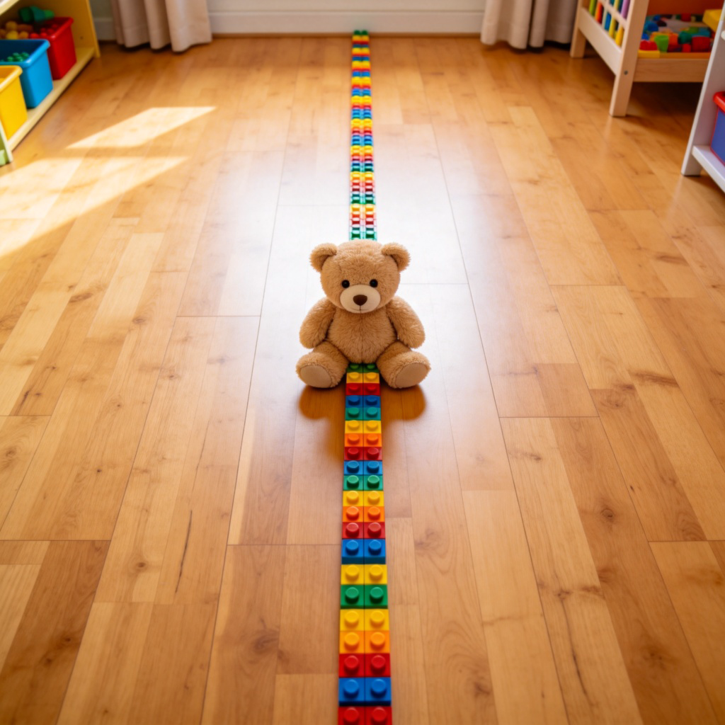 A top-down view of a bright, clean wooden floor in a child's room. A long, straight line made of colored building blocks divides the floor into two equal halves. A single, plush teddy bear sits exactly on the centerline. The lighting is even and clear, with no shadows obscuring the center point.