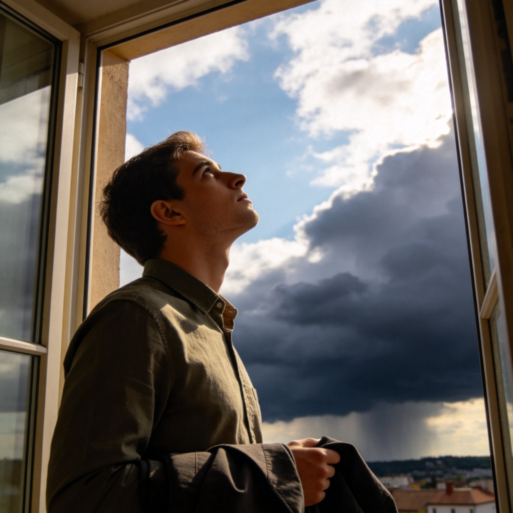 A person standing at a window, looking up at a sky that is partly sunny and partly cloudy with dark clouds gathering in the distance. The person has a thoughtful expression, holding a jacket, as if deciding whether to take it. Natural daylight, clear focus on the person's indecisive expression and the mixed weather outside. No text.
