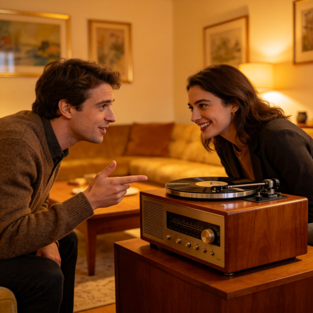 Two people talking in a cozy living room. One person is speaking gently with an open hand gesture, pointing politely towards a stereo system. The other person is listening with a receptive smile. Warm indoor lighting, focus on the friendly interaction and the suggested object (the stereo). No text.