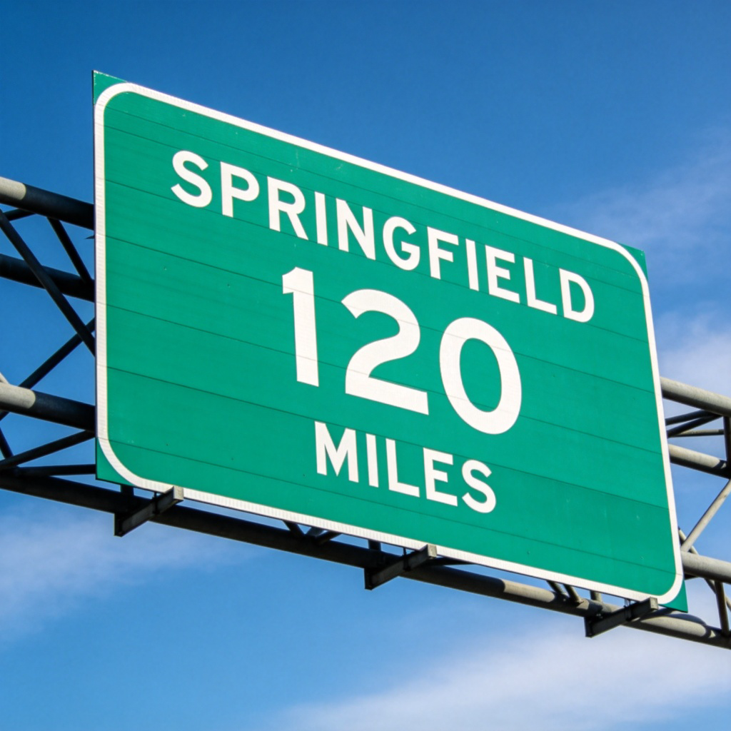 A close-up photo of a green road sign on a highway under a blue sky. The sign shows a destination name and a number followed by the word "MILES". The background is slightly blurred, emphasizing the sign as the main subject. Realistic photography style, clear and easy to understand.