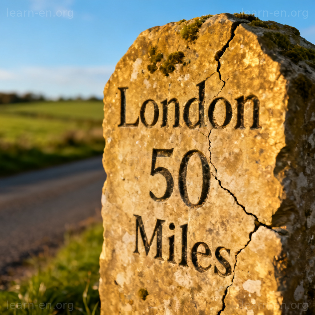 Historical road milestone stone marking distance to a city on a country roadside.